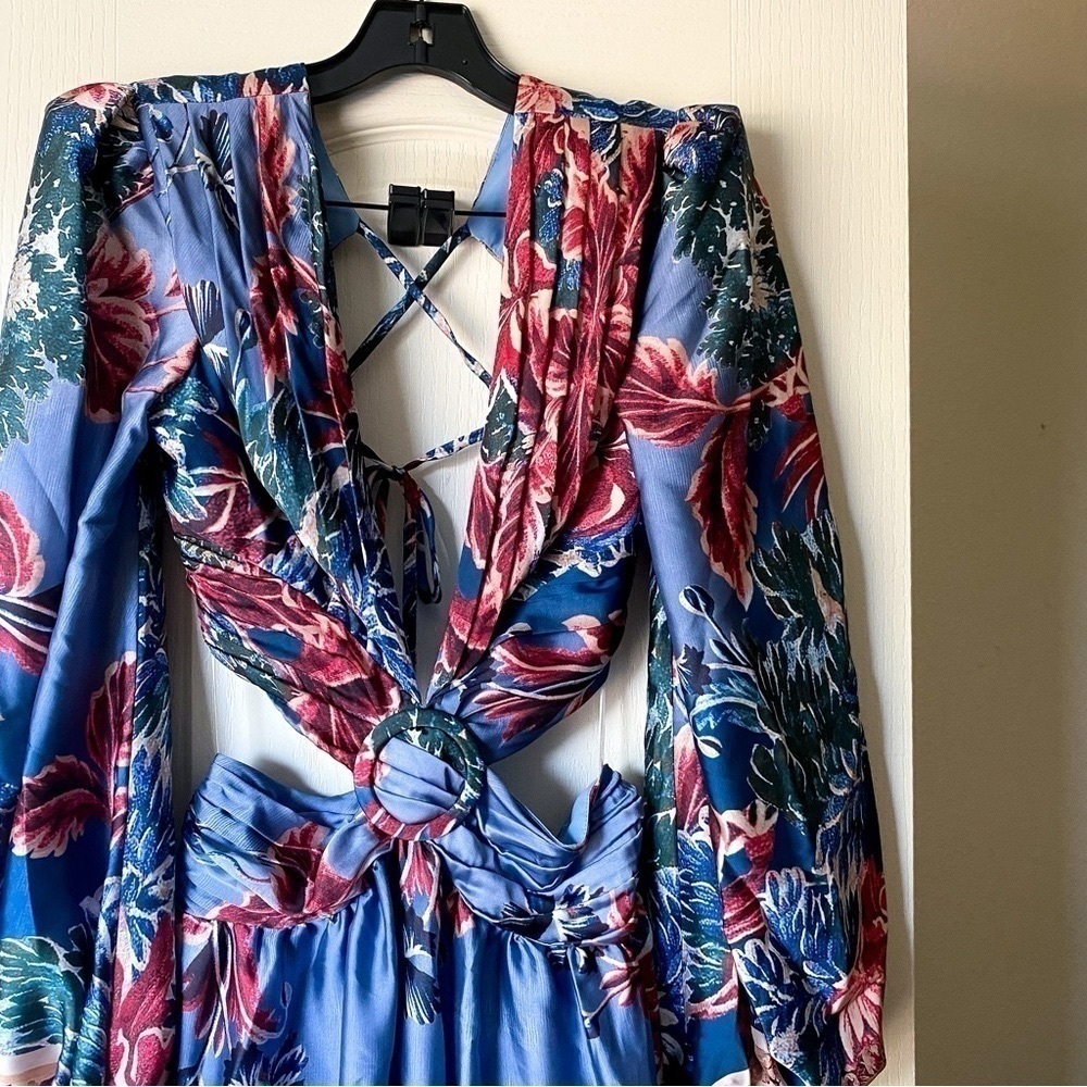 PatBO Gilly Print Cut-Out Maxi Dress Floral Satin Blue Pink Size 8 NWT - Picture 4 of 13